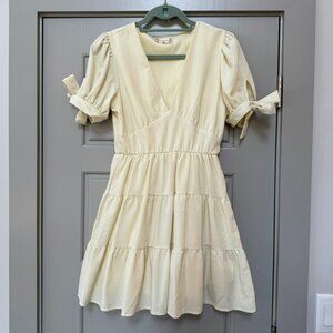 ALTAR'D STATE | Pale Yellow Tie Sleeve Fit and Flare Deep V Dress Size Small
